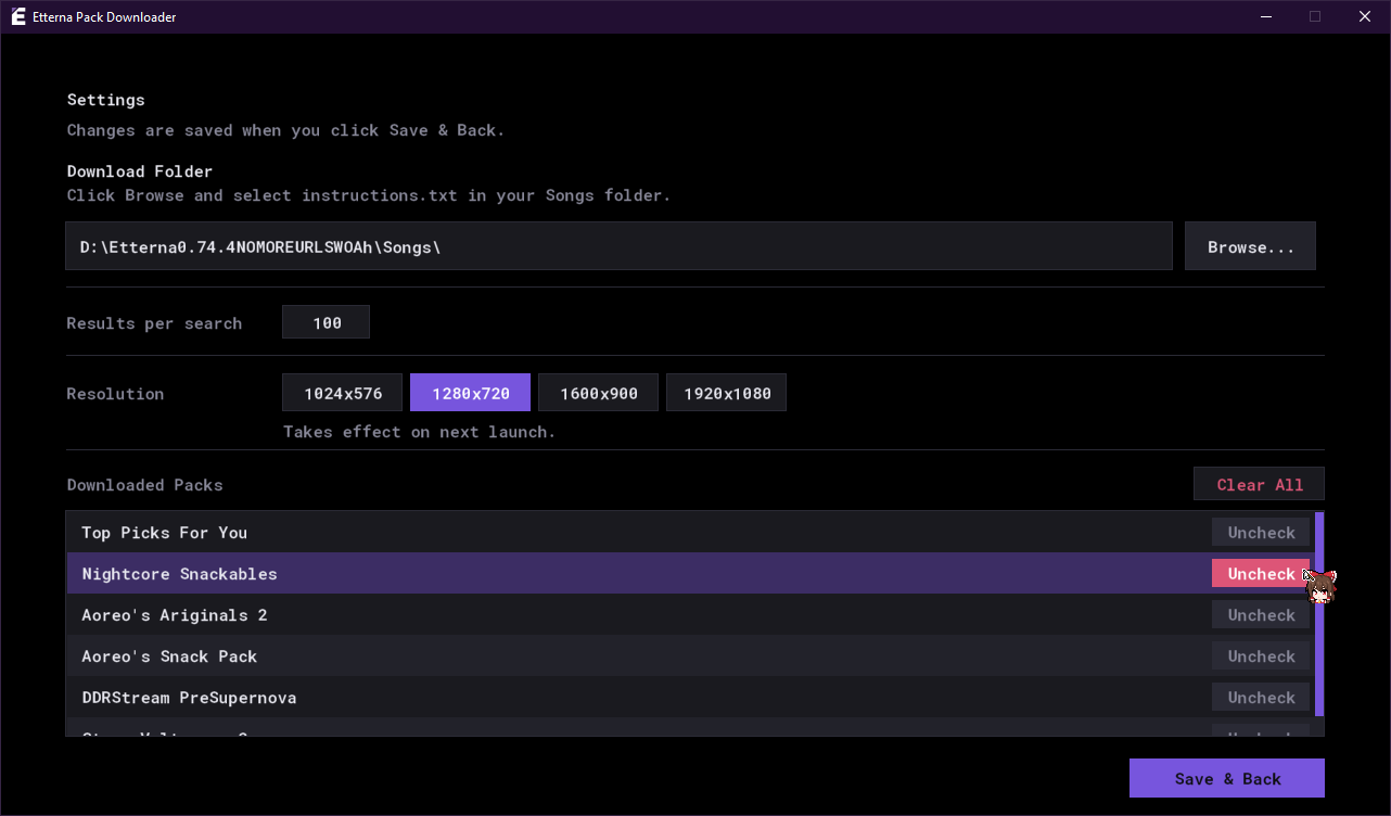 Settings screen